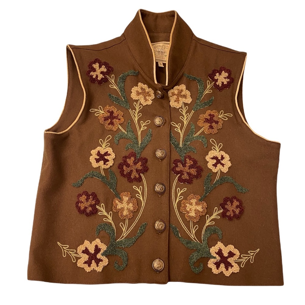 Double D Ranchwear Brown Wool Chenile Floral Embroidered Vest with Suede Trim M